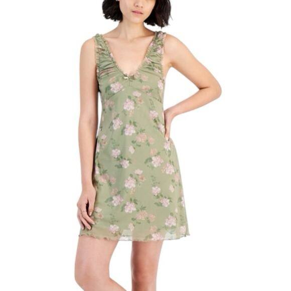 Hippie Rose' Sage floral Ruched Mesh Mini Dress - Picture 2 of 10